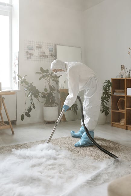 A man dressed in grey overalls is performing deep cleaning or surface sanitisation in a dimly lit auditorium or conference room. He is using a portable vacuum or carpet cleaning machine with a yellow