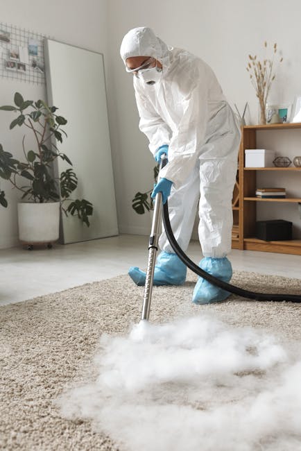 A professional cleaning technician, dressed in full personal protective equipment including a white coverall suit, a face mask, and blue gloves, operates a steam cleaning machine on a beige carpet in 